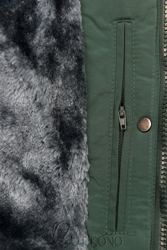 Tmavě zelená zimní bunda s šedým plyšem