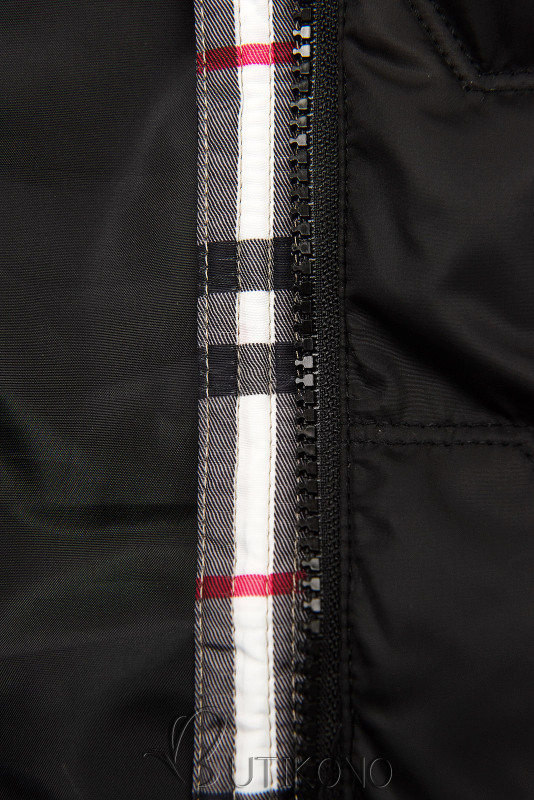 Černá přechodná bunda s károvaným lemem