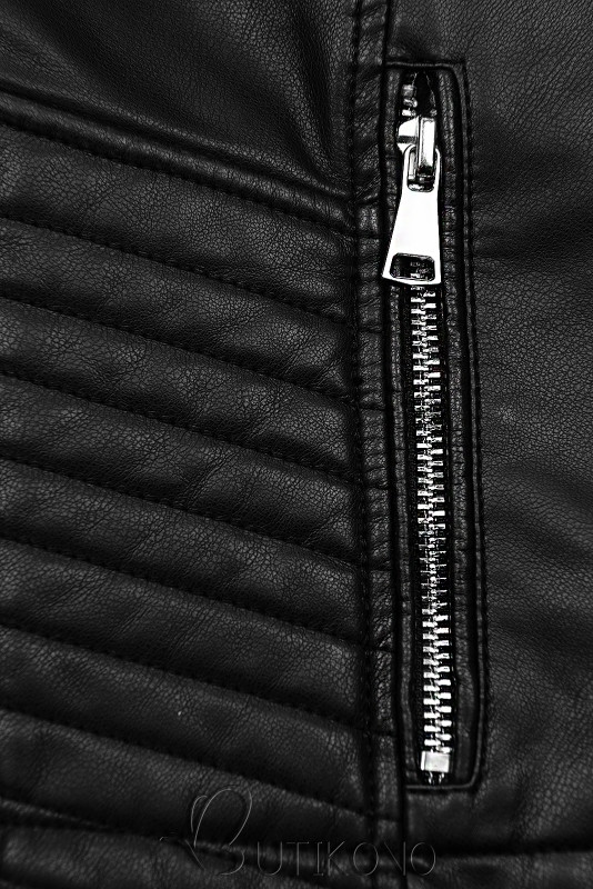 Černá koženková bunda se šikmým zipem