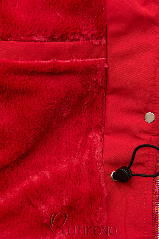Červená zimní bunda s hnědou kožešinou