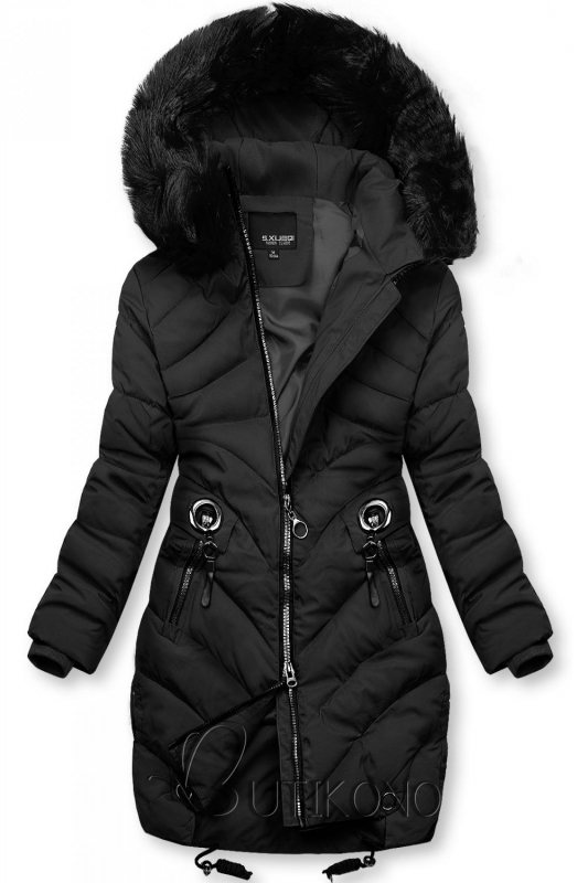 Černá zimní bunda s umělou kožešinou
