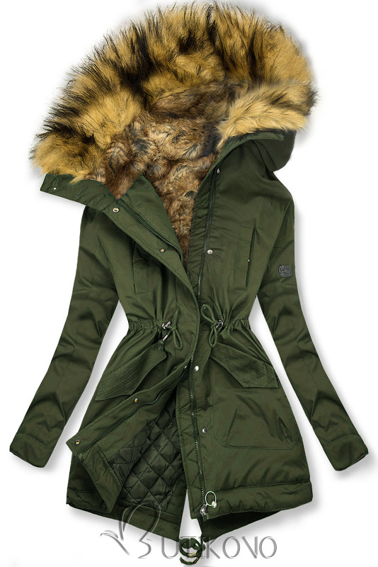 Olivově zelená zimní bunda s vysokým límcem a kožešinou