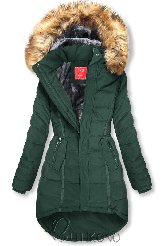 Tmavě zelená prošívaná zimní bunda s kapucí