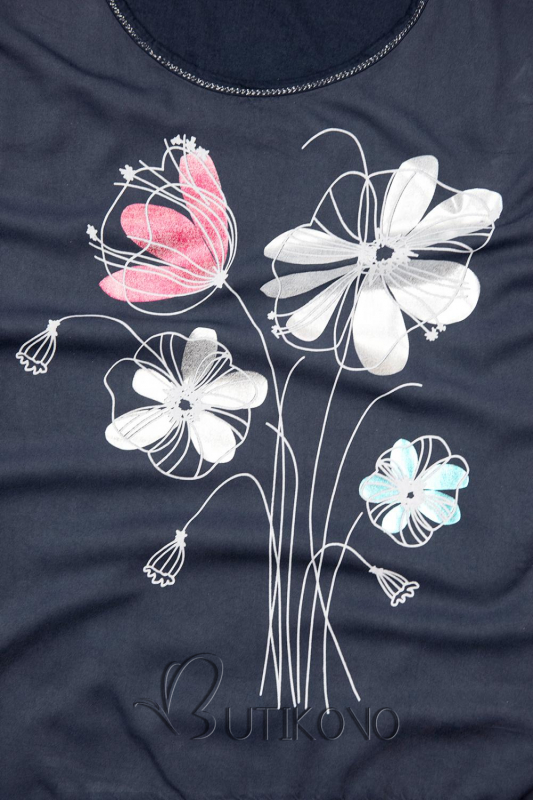 Tmavě modré tričko s potiskem květů