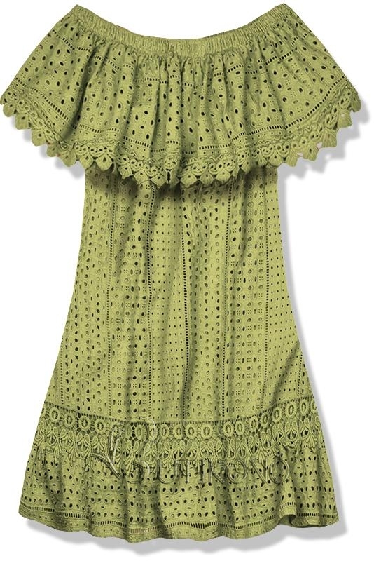 Olivově zelené letní šaty s odhalenými rameny