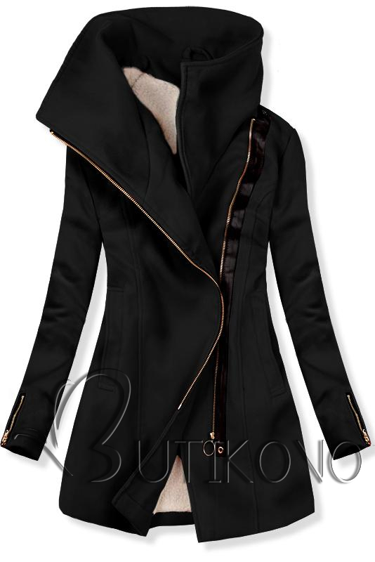 Černý kabát se zapínáním na šikmý zip
