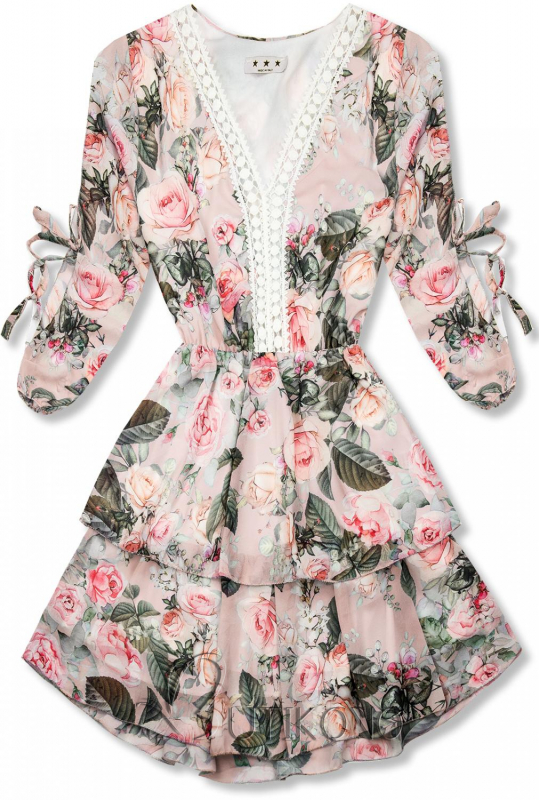 Růžové květinové šaty s volány a krajkou