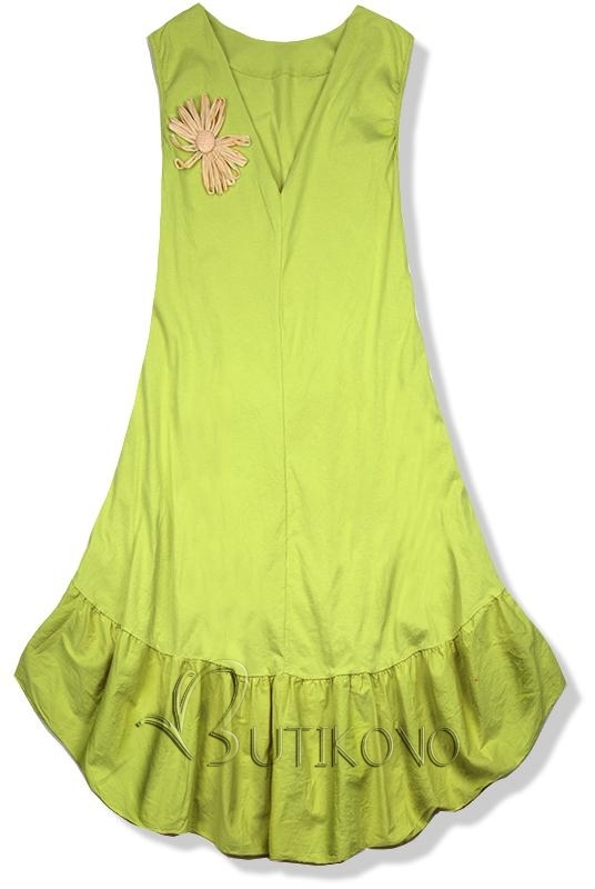 Pistáciově zelené šaty se slaměnou broží