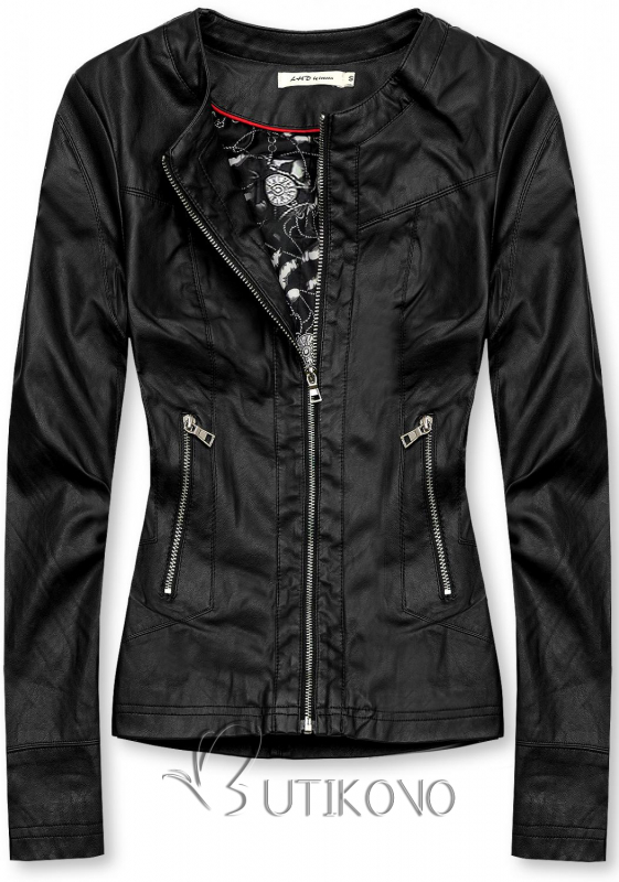 Černá koženková bunda se vzorovanou podšívkou
