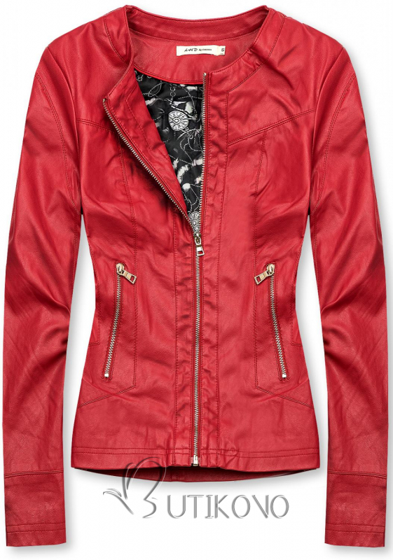 Červená koženková bunda se vzorovanou podšívkou