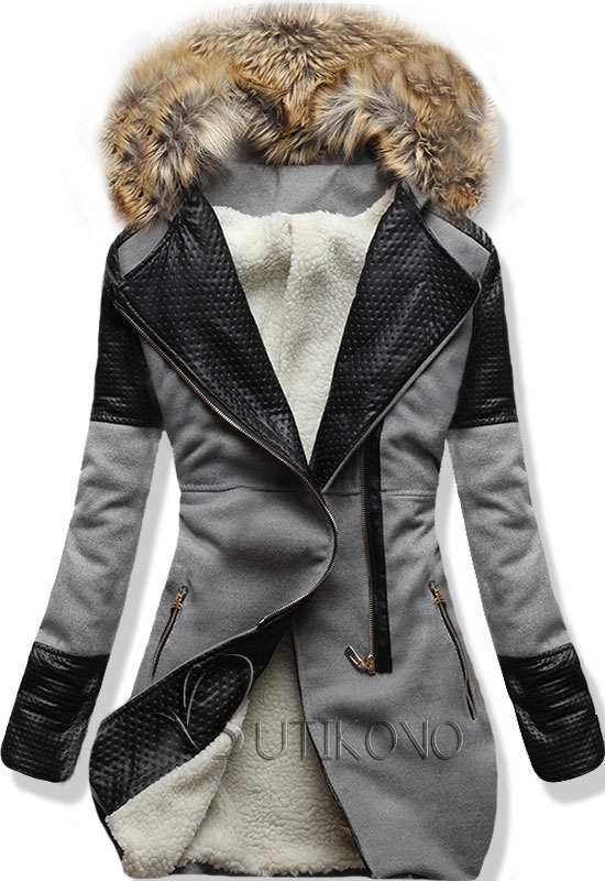 Šedý zimní kabát s kožíškem