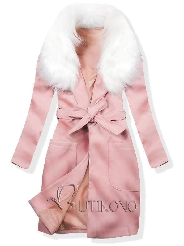 Růžový podzimní kabát s kožešinovým lemem