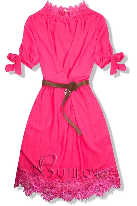 Neonově růžové šaty s páskem