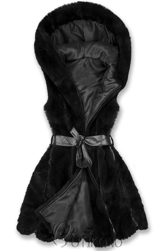 Černá kožešinová vesta s páskem