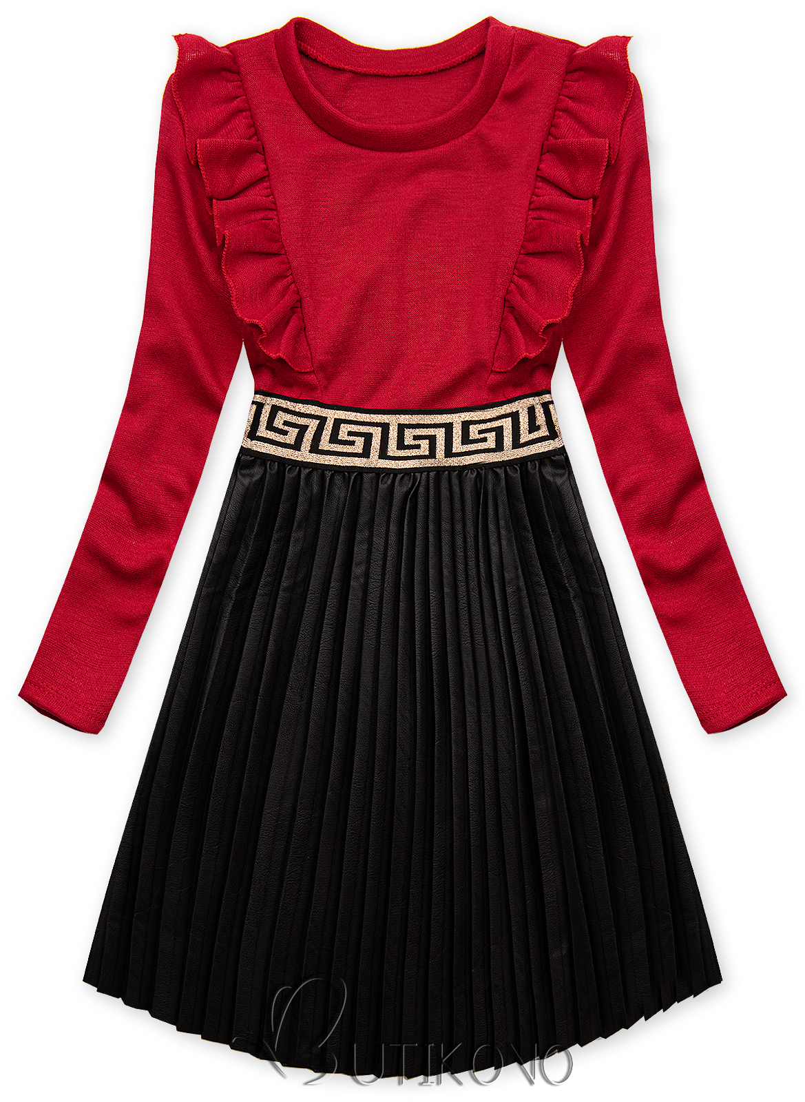 Červené šaty s koženkovou skládanou sukní