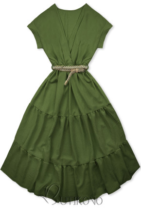 Olivově zelené midi letní šaty s páskem