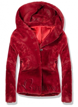 Tmavě červený krátký kožešinový kabát 60688
