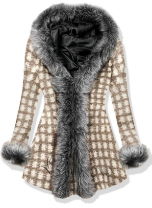 Hnědý vlněný oversized kabát s kožešinovým lemem