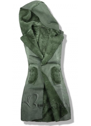 Zelená dlouhá kožešinová vesta s kapucí IT09