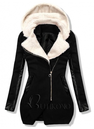 Černý zimní kabát s koženkovými detaily