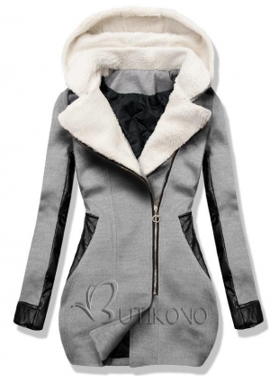Šedý zimní kabát s koženkovými detaily