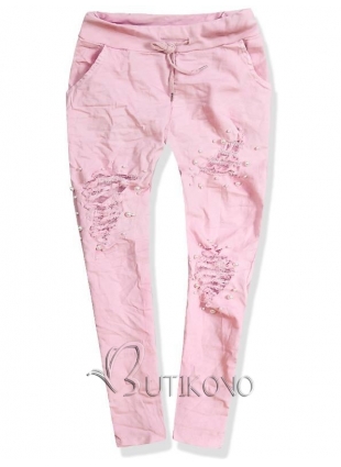 Růžové bavlněné kalhoty s dírami