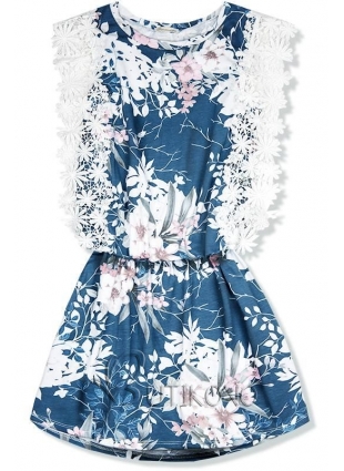 Jeans modré květinové šaty s krajkou