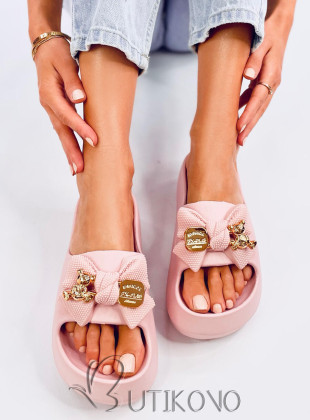 Růžové dámské gumové pantofle s mašlí