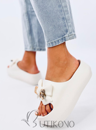 Bílé dámské gumové pantofle s mašlí