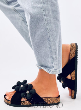 Semišové pantofle s květinami černé