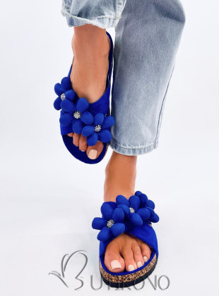 Semišové pantofle s květinami královská modrá