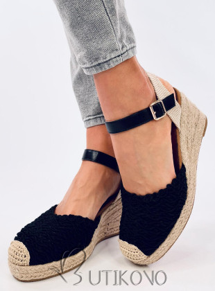 Sandály - espadrilky na klínovém podpatku černé