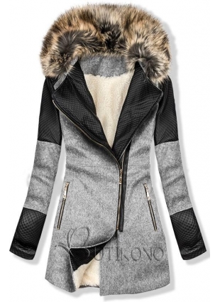 Světle šedý zimní kabát s kožešinovou podšívkou