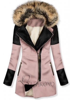 Růžový zimní kabát s kožešinovou podšívkou