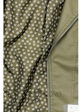 Khaki koženková bunda s květinovou podšívkou