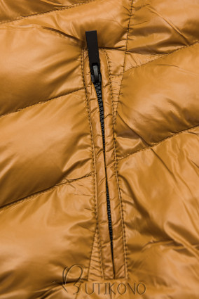 Karamelová zimní krátká bunda s černou kožešinou
