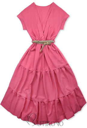 Růžové midi letní šaty s páskem