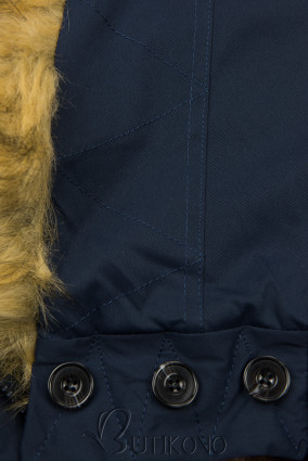 Tmavěmodrá zimní bunda s vysokým límcem a kožešinou