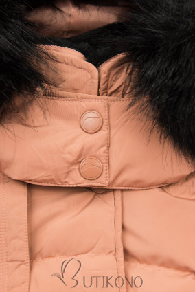 Broskvově oranžová zimní bunda s plyšovým límcem