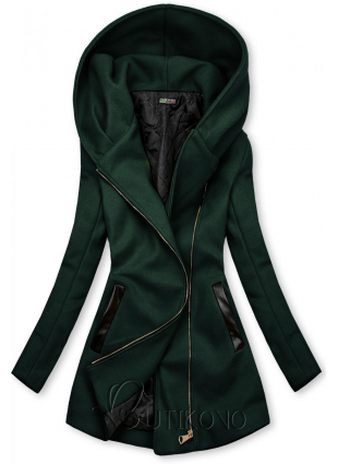 Tmavě zelený kabát s koženkovými detaily