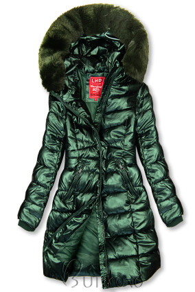 Smaragdově zelená lesklá zimní bunda s odnímatelnou kožešinou