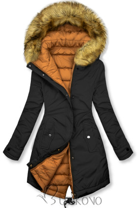 Oboustranná zimní bunda s kožešinou černá/karamel