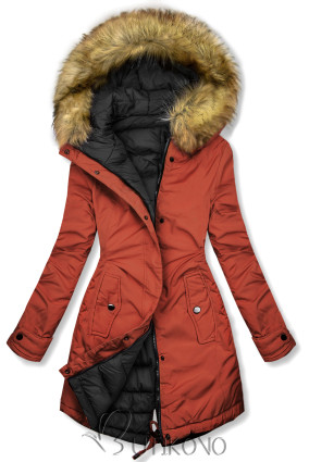 Oboustranná zimní bunda s kožešinou rezavě červená/černá
