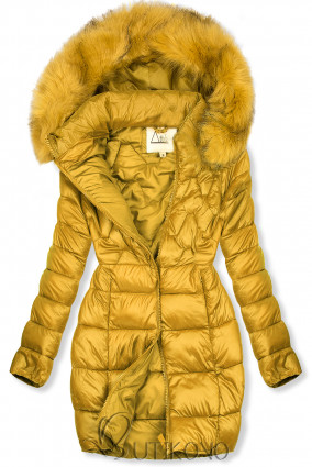 Žlutá přechodná bunda s kapucí a kožešinou