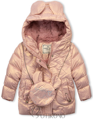 Růžová zimní dívčí bunda s kabelkou