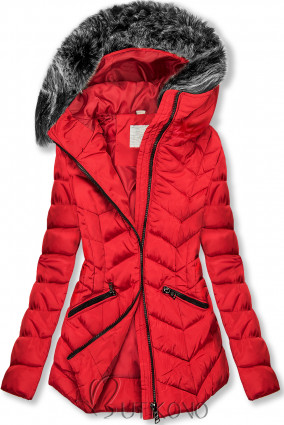 Červená zimní prošívaná bunda s nepravou kožešinou