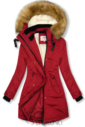 Červená prodloužená zimní bunda s béžovou kožešinou