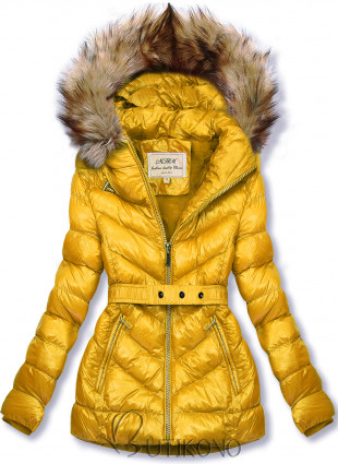 Žlutá zimní krátká bunda s hnědou kožešinou