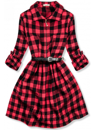 Červeno-černé flanelové šaty s páskem