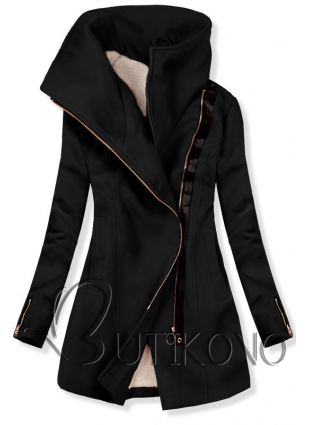 Černý kabát se zapínáním na šikmý zip